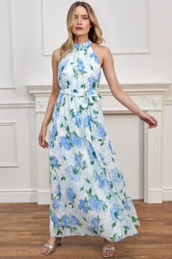 Chiffon Halter Neck Maxi Dress With Tie Waist In White Blue Floral by Angeleye