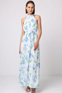 Chiffon Halter Neck Maxi Dress With Tie Waist In White Blue Floral by Angeleye
