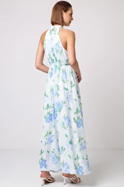Chiffon Halter Neck Maxi Dress With Tie Waist In White Blue Floral by Angeleye