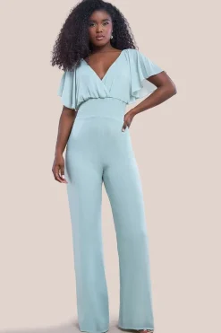 Chiffon Jumpsuit With Flutter Sleeves - Sage Green by Goddiva