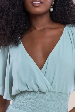 Chiffon Jumpsuit With Flutter Sleeves - Sage Green by Goddiva