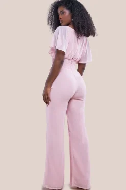 Chiffon Jumpsuit With Flutter Sleeves - Blush by Goddiva