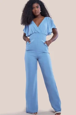 Chiffon Jumpsuit With Flutter Sleeves - Blue by Goddiva