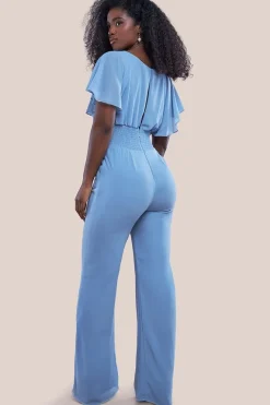 Chiffon Jumpsuit With Flutter Sleeves - Blue by Goddiva