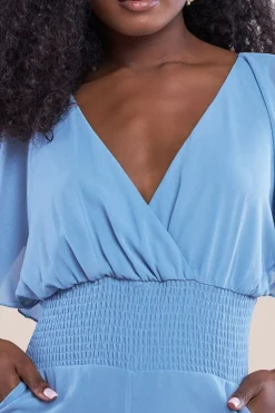 Chiffon Jumpsuit With Flutter Sleeves - Blue by Goddiva