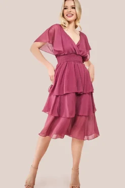 Chiffon Layered Flutter Sleeve Midi Dress - Pink by Goddiva