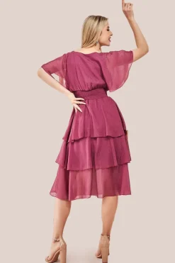 Chiffon Layered Flutter Sleeve Midi Dress - Pink by Goddiva