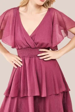 Chiffon Layered Flutter Sleeve Midi Dress - Pink by Goddiva