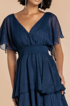 Chiffon Layered Flutter Sleeve Midi Dress - Navy by Goddiva