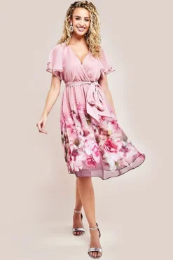 Chiffon Lurex Floral Border Print Midi Dress - Blush by Goddiva