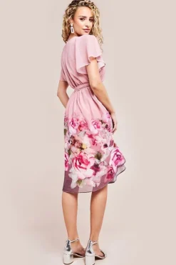 Chiffon Lurex Floral Border Print Midi Dress - Blush by Goddiva
