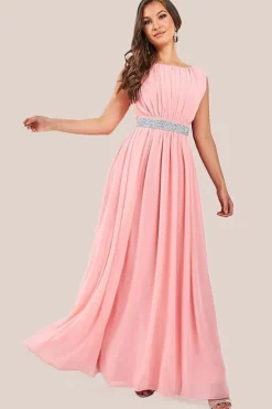 Chiffon Maxi With Embellished Belt - Peach by Goddiva