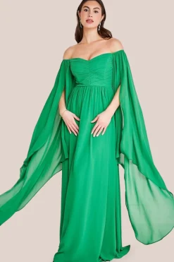 Chiffon Off The Shoulder Maxi With Cape Sleeves - Green by Goddiva