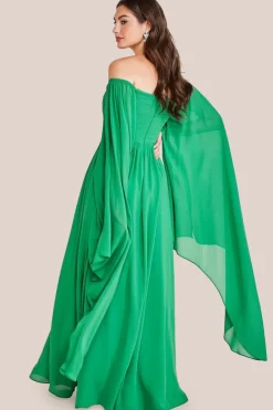 Chiffon Off The Shoulder Maxi With Cape Sleeves - Green by Goddiva