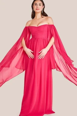 Chiffon Off The Shoulder Maxi With Cape Sleeves - Hot Pink by Goddiva