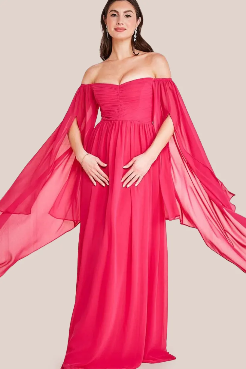 Chiffon Off The Shoulder Maxi With Cape Sleeves - Hot Pink by Goddiva