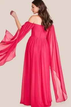 Chiffon Off The Shoulder Maxi With Cape Sleeves - Hot Pink by Goddiva