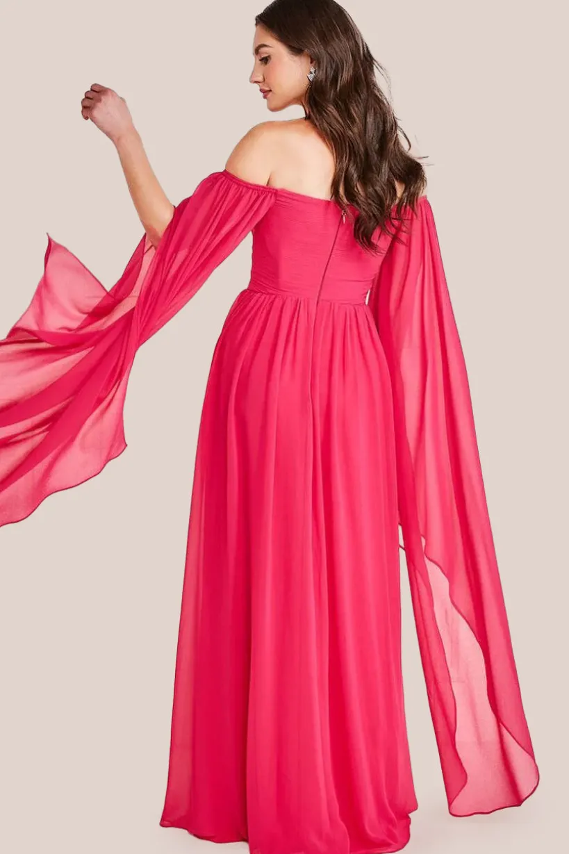 Chiffon Off The Shoulder Maxi With Cape Sleeves - Hot Pink by Goddiva