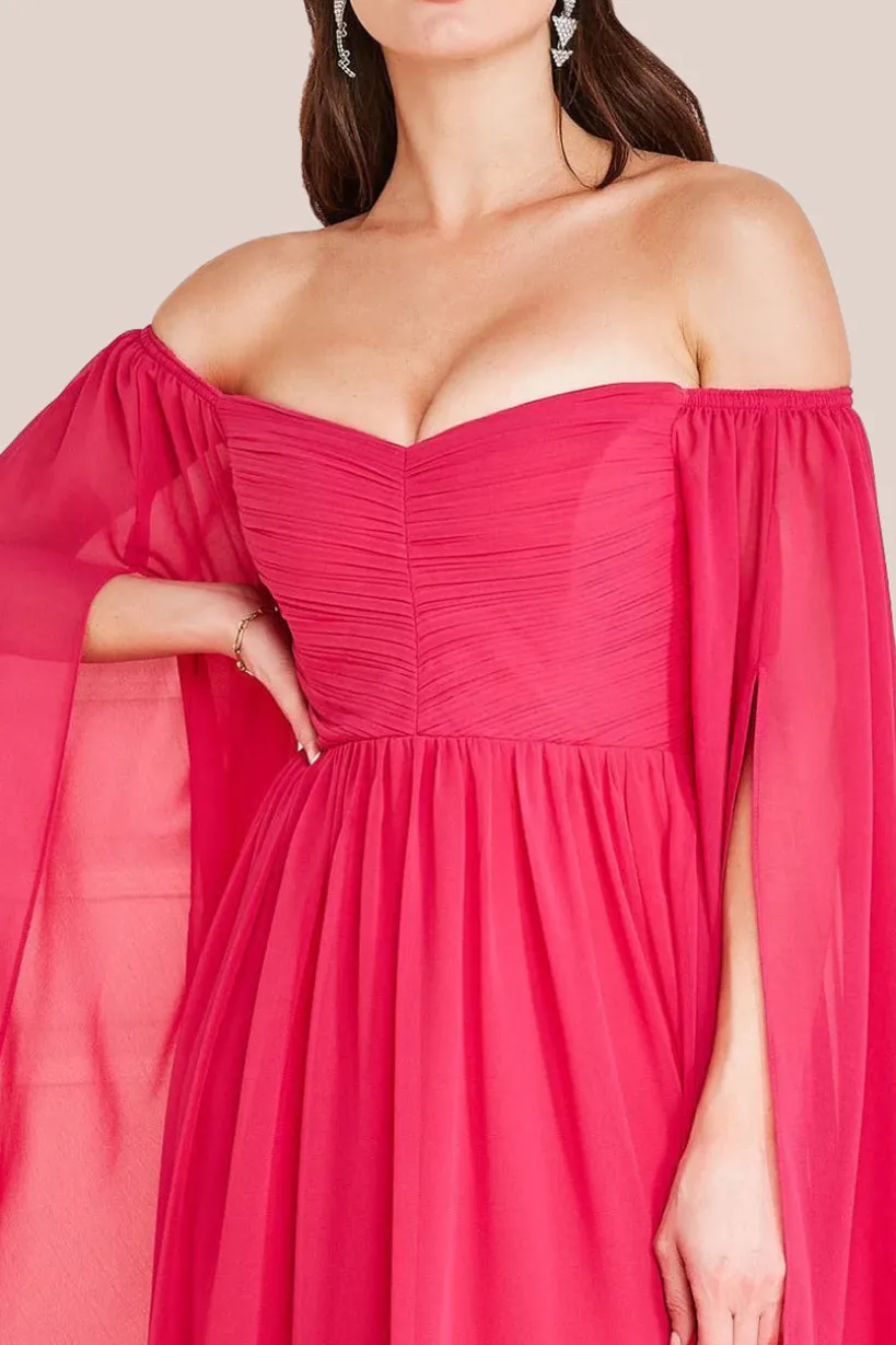 Chiffon Off The Shoulder Maxi With Cape Sleeves - Hot Pink by Goddiva