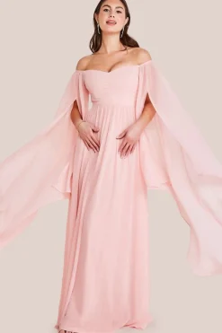 Chiffon Off The Shoulder Maxi With Cape Sleeves - Blush by Goddiva