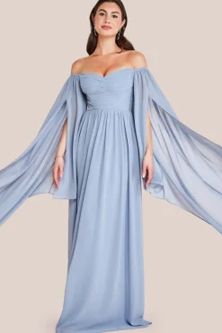 Chiffon Off The Shoulder Maxi With Cape Sleeves - Blue by Goddiva