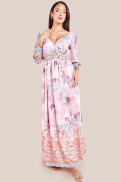 Chiffon Wrap Border Floral Print Maxi Dress - Pink by Goddiva