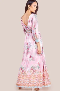 Chiffon Wrap Border Floral Print Maxi Dress - Pink by Goddiva