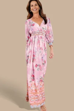Chiffon Wrap Border Floral Print Maxi Dress - Pink by Goddiva