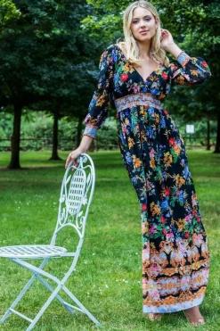 Chiffon Wrap Border Floral Print Maxi Dress - Black by Goddiva