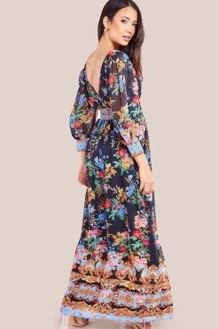 Chiffon Wrap Border Floral Print Maxi Dress - Black by Goddiva