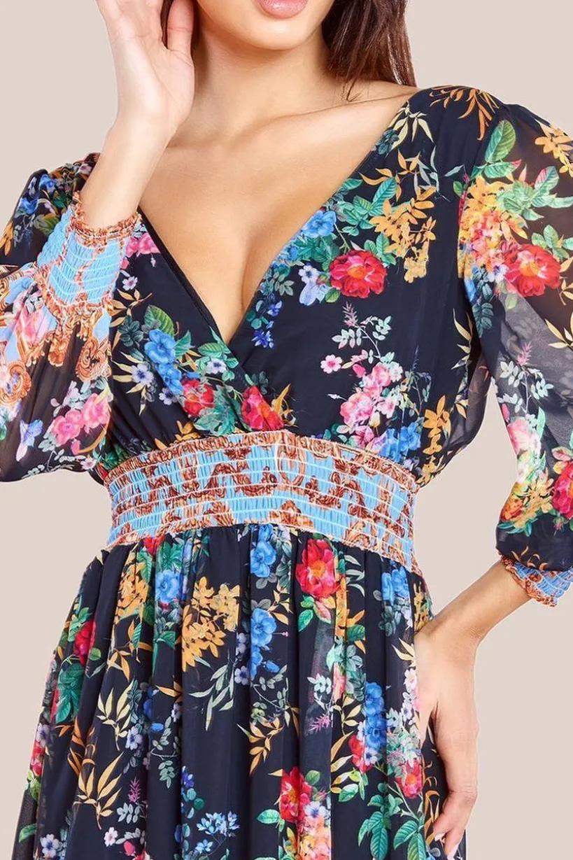 Chiffon Wrap Border Floral Print Maxi Dress - Black by Goddiva