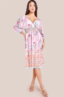 Chiffon Wrap Border Floral Print Midi Dress - Pink by Goddiva
