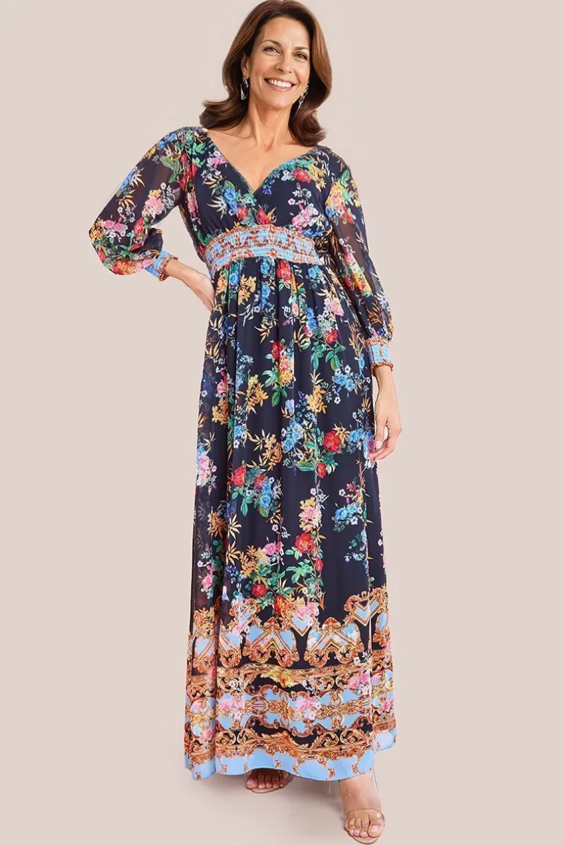Chiffon Wrap Border Floral Print Maxi Dress - Black by Goddiva