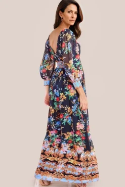 Chiffon Wrap Border Floral Print Maxi Dress - Black by Goddiva