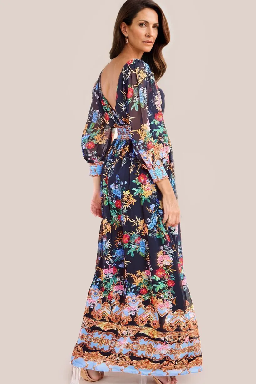 Chiffon Wrap Border Floral Print Maxi Dress - Black by Goddiva