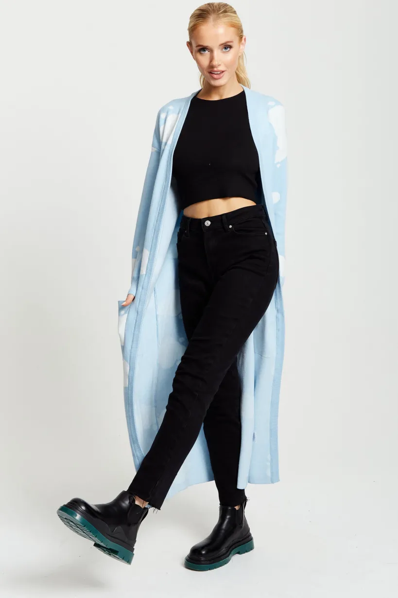 Cloud Pattern Longline Cardigan In Light Blue by Liquorish