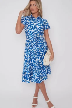 Cobalt Printed Short Sleeve Midi Dress by LOVE SUNSHINE