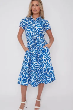Cobalt Printed Short Sleeve Midi Dress by LOVE SUNSHINE