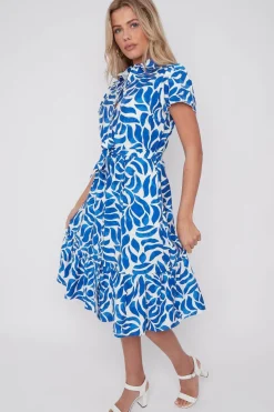 Cobalt Printed Short Sleeve Midi Dress by LOVE SUNSHINE