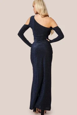 Cold Shoulder Lurex Maxi With Thigh Split - Navy by Goddiva