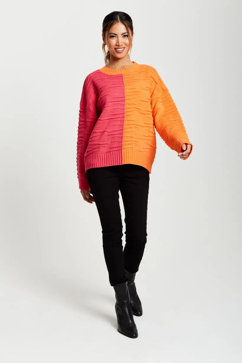 Colour Block Jumper In Orange And Pink by Liquorish