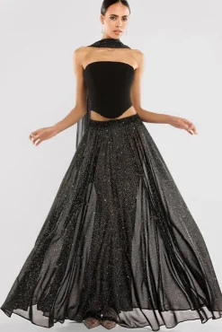 Compact Crepe Lace Up Corset With Gathered A-Line Glitter Chiffon Maxi Skirt & Scarf - Black by Goddiva