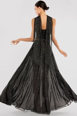 Compact Crepe Lace Up Corset With Gathered A-Line Glitter Chiffon Maxi Skirt & Scarf - Black by Goddiva
