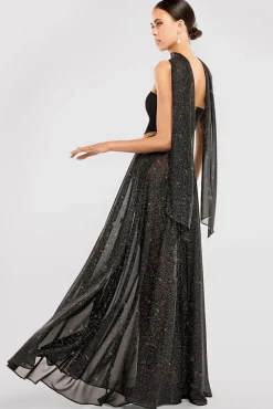 Compact Crepe Lace Up Corset With Gathered A-Line Glitter Chiffon Maxi Skirt & Scarf - Black by Goddiva