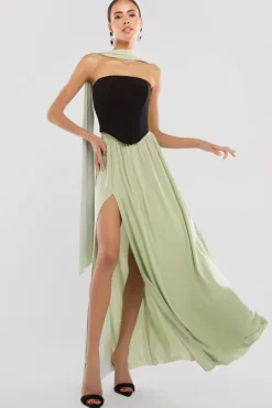 Compact Crepe Lace Up Corset With Side Split Jersey Maxi Skirt & Scarf - Black & Sage Green by Goddiva