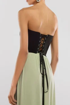 Compact Crepe Lace Up Corset With Side Split Jersey Maxi Skirt & Scarf - Black & Sage Green by Goddiva