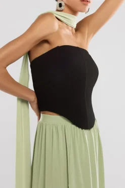 Compact Crepe Lace Up Corset With Side Split Jersey Maxi Skirt & Scarf - Black & Sage Green by Goddiva