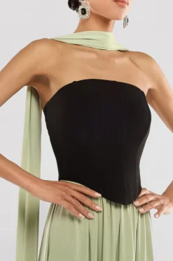 Compact Crepe Lace Up Corset With Side Split Jersey Maxi Skirt & Scarf - Black & Sage Green by Goddiva