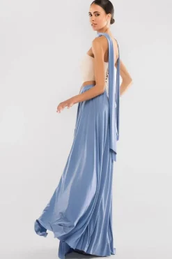 Compact Crepe Lace Up Corset With Side Split Jersey Maxi Skirt & Scarf - Beige & Blue by Goddiva