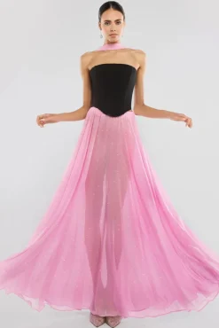 Compact Crepe Lace Up Corset With Gathered A-Line Glitter Chiffon Maxi Skirt & Scarf - Black, Pink & Pink by Goddiva